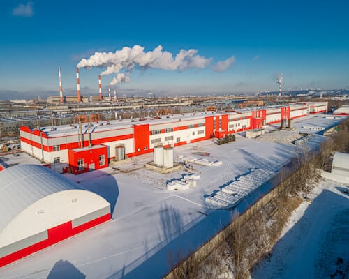 aerial drone shot of a factory