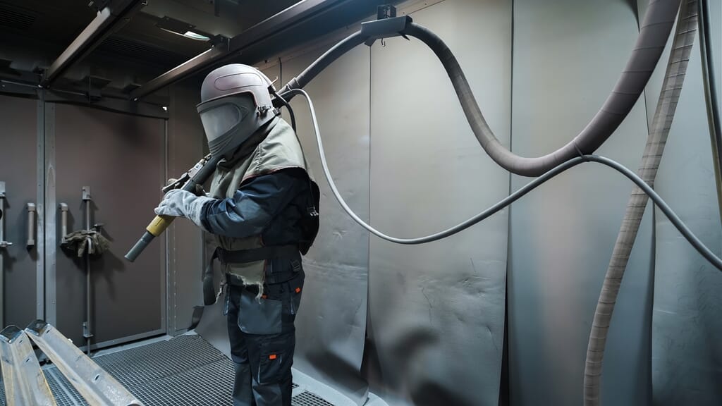Sandblasting operation in a steel manufacturing facility requiring high pressure and high flow compressed air.