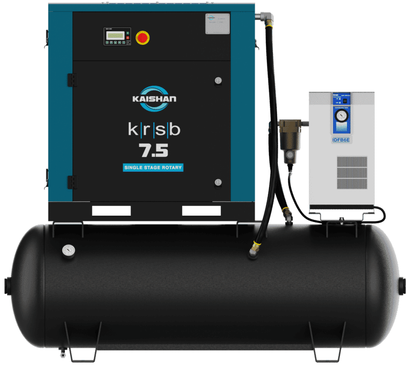 Our KRSB belt-drive rotary screw air compressor can be mounted on a storage tank and have an integrated dryer as an option.