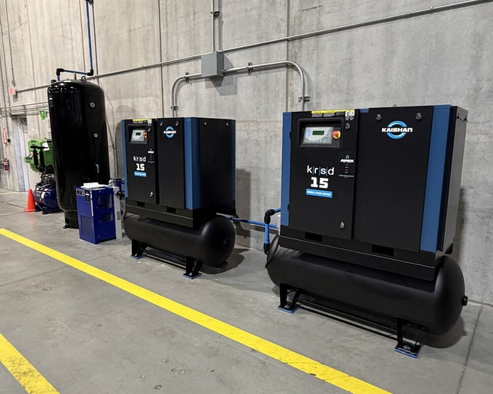 Industrial rotary screw air compressors, like these two installed by APEX Compressor, will deliver years of service if they are well maintained.