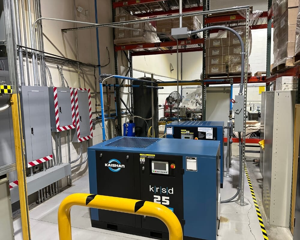 Adams Direct & Media Services added an advanced Canon printer that needed clean air at constant pressure and humidity. The company purchased two Kaishan rotary screw air compressors—a 25-HP KRSD direct-drive model with a variable-speed drive and a 20-HP KRSB belt-drive fixed-speed machine as a backup. Extra filtration was added to meet the air quality requirements.