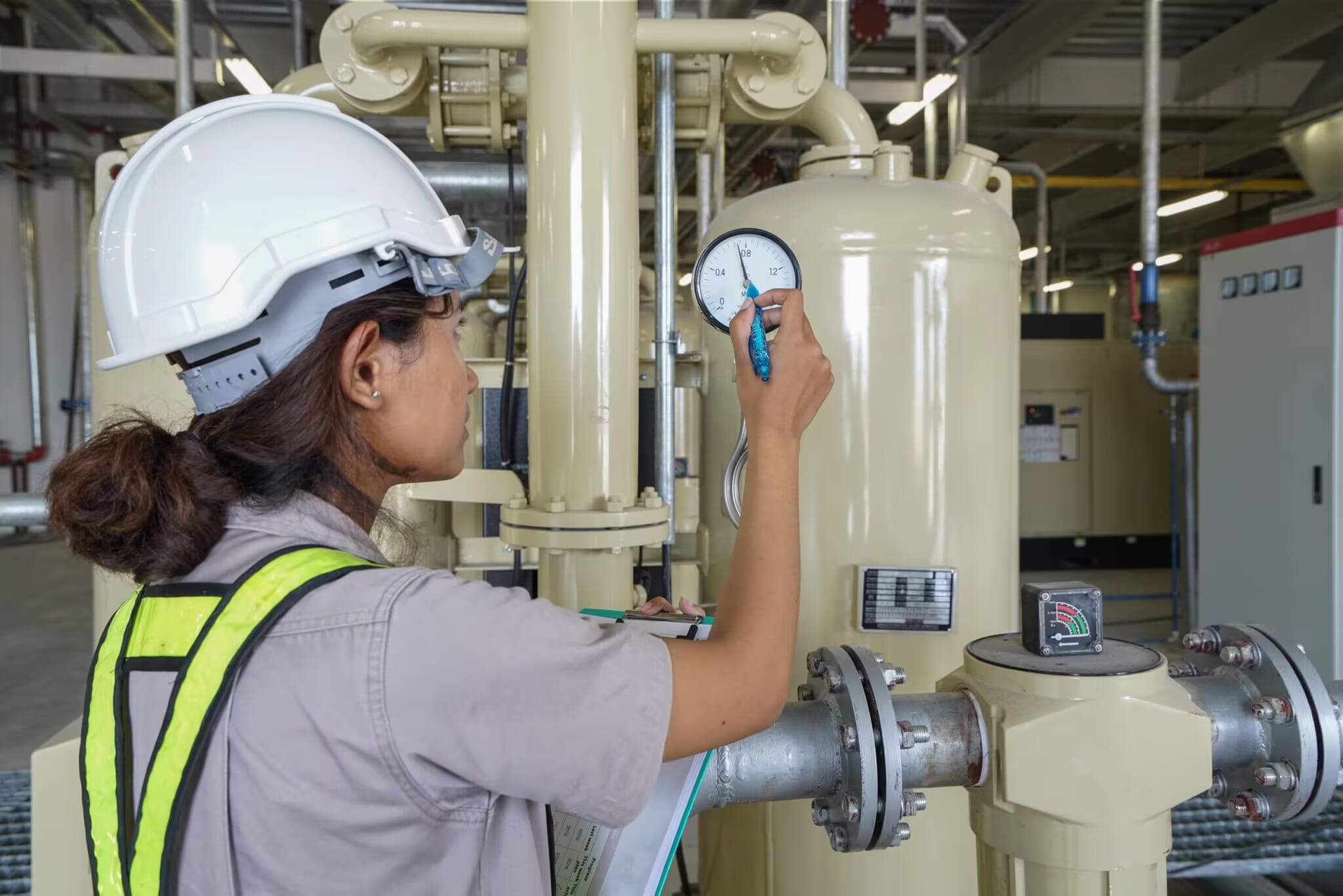 Technician performing routine maintenance on an industrial rotary screw air compressor. 